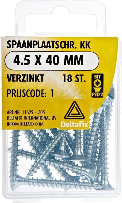 Houtschroef. 4.5 x 40 mm. lang. verzinkt. platkop-kruiskop. 18 stuks Spaanplaatschroeven. Deltafix.