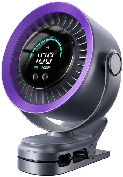 LISM draagbare clipventilator, oplaadbare USB-ventilator, 100 windsnelheden, met LED-display, 360° draaibare bureauventilator, krachtige luchtstroom, kleine batterijventilator (grijs).