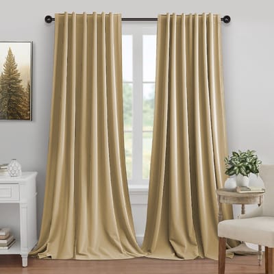 MUPOO Hotelkwaliteit Luxe Velours verduisterend Gordijnen Kant en Klaar 2 Stuks -Zware kwaliteit 260 GSM-Isolerend & tegen kou -Tochtwerend - 3-in-1 ophangsysteem-Woonkamer &Slaapkamer - Amber - 132x274 cm