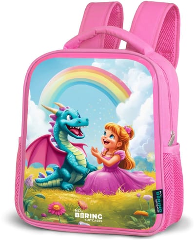 NoBoringSuitcases.com® - Rugzak roze - Schooltas meisjes - Prinses en dino in een kleurrijke wereld - Kinder rugtas meisje - Boekentas kind - Kinderrugzak voor school - Schoolrugzak