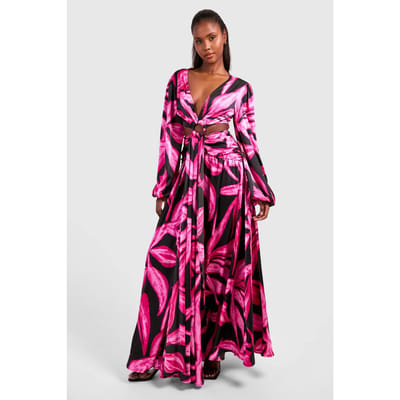 boohoo Dames Maxi-jurk met abstract patroon, uitsnede en ringdetail | Felroze | Maat: 36