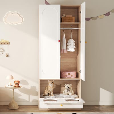 BLACKCOLORS - Kinderkast met kledingroede - Met kattenmand - Gelakte platen + spaanplaat - Kleurrijke keramische handgrepen - Wit + naturel houtkleur - 80×50×200 cm - Geschikt voor slaapkamer