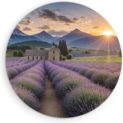 Saammp Muurcirkel Hout - Landschap - Lavendel tusen de bergen - Natuur - Ø 90 - Wandcirkel - Wanddecoratie Cirkel - Muurdecoratie Woonkamer - Slaapkamer decoratie - Rond Schilderij