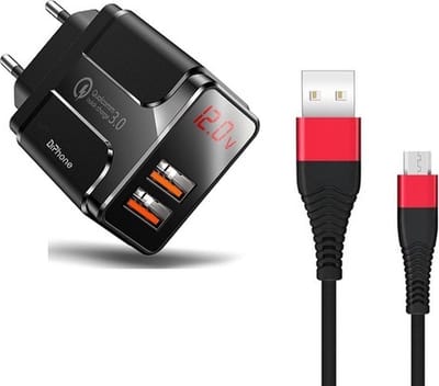 DrPhone ACC02 18W Thuislader - 2x USB 3.0 Qualcomm USB poorten met Digitale Display scherm + 1 Meter Micro USB Kabel - Zwart