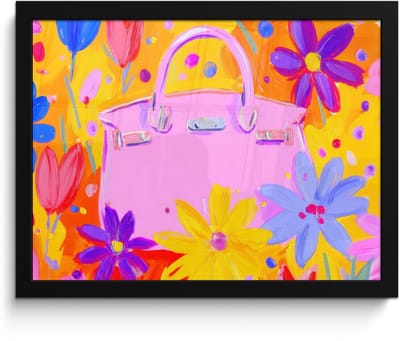 Poster in lijst - Fotolijst 40x30 cm - Posters - Tas - Roze - Bloemen - Posterlijst zwart - Decoratie - Wanddecoratie woonkamer - Muurdecoratie slaapkamer