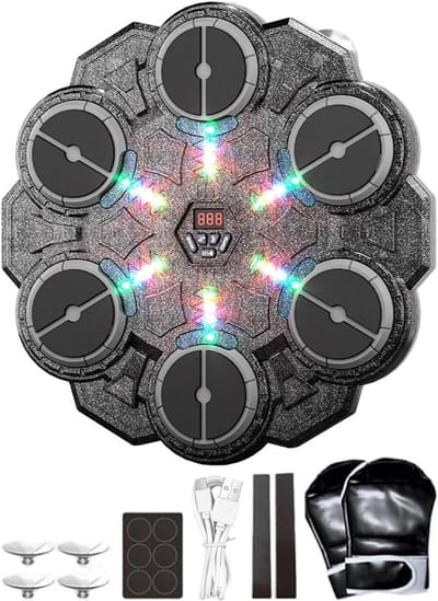 Muziekboksmachine - Wandgemonteerde trainingsapparatuur - LED Interactieve bokspads 9-speed fitnessapparatuur met handschoenen voor thuisgymtraining Volwassenen Kinderen Indoor Oefening