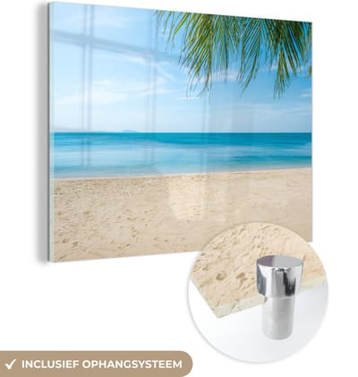 MuchoWow® Glasschilderij 40x30 cm - Schilderij acrylglas - Strand - Tropisch - Palm - Foto op glas - Muurdecoratie woonkamer - Wanddecoratie slaapkamer - Schilderijen