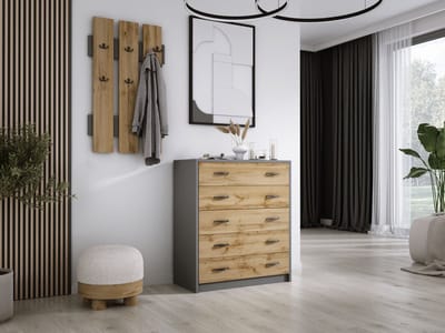 Meubel Square - Schoenenkast Footsie met Kapstok - Antraciet / Eiken - Schoenenrek met 5 kleppen - Halmeubel