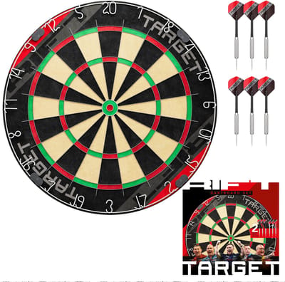 Target Darts Rift Dartbord Set met 6 Messing Darts 17g, Afrikaans Sisal Dartbord met Roterende Score Ring, Dunne Draad Systeem, Wandmontage Kit en 1 Maand DartCounter App Toegang
