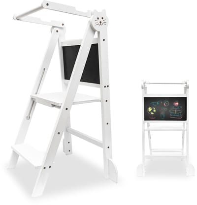 Oemmie Leertoren - Opvouwbaar - Learning Tower - Montessori Leertoren met Krijtbord - Leertoren keukenhulp - Leer Toren - Opstapje - Kindertrapje - Wit