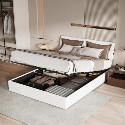 Gestoffeerd Bed - Tweepersoonsbed Opbergbed - Slaapkamer Inrichten - Hydraulisch Systeem - 140 x 200 cm - Melkwit