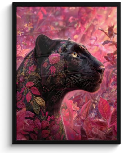 Poster in lijst - Fotolijst 60x80 cm - Posters - Luipaard - Bloemen - Roze - Posterlijst zwart - Decoratie - Wanddecoratie woonkamer - Muurdecoratie slaapkamer