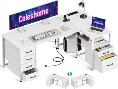 Hoekbureau L-vormig met Opbergruimte en USB - Computerbureau met 6 Laden, Stopcontacten en Omkeerbaar Design - 140 x 80 x 75,2 cm - Gaming Bureau, Thuiswerk Bureau, Bureau met Opbergruimte