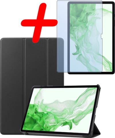 Hoesje Geschikt voor Samsung Galaxy Tab S10 Plus - Met Screenprotector - Trifold Bookcase - Hard Cover Case - Met Uitsparing Geschikt voor S Pen - Hardcover Book - Tablet Hoes - Zwart