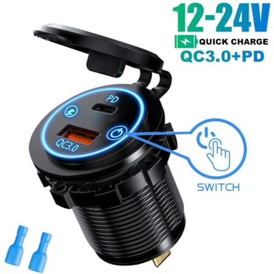 IP65 Waterdichte 12-24V Auto Oplader Socket, PD QC3.0 Dubbele USB Type C Snelladen Stopcontact met AAN/UIT Schakelaar voor Motorfiets, Vrachtwagen, Camper, ATV, Boot PD30W+QC3.0 blauw