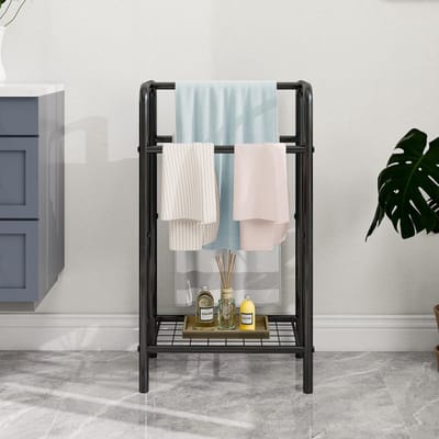 3-laagse handdoekhouder van metaal, Kleine vrijstaande handdoekhouder voor de badkamer, ruimtebesparend, slaapkamer, badkamer, zwembad displayrek (Zwart, 43 x 27 x 76 cm)