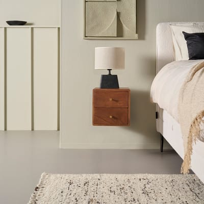 Zwevend Nachtkastje Borba - Mangohout - Bruin- 30x30x30 cm (BxHxD) - 2 Lades - Kleur American Walnut - Wandmontage