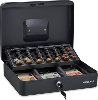 geldkistje met slot - staal - euro's en briefjes - muntenbak - 2 sleutels - 9 x 30,5 x 23,5 cm