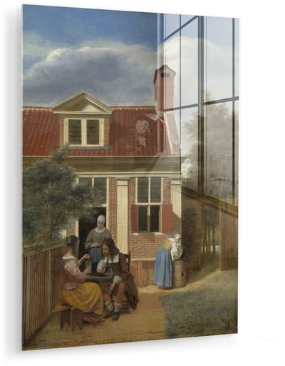 ® Glasschilderij 120x160 cm - Schilderij acrylglas - Een gezelschap op de plaats achter een huis - Schilderij van Pieter de Hooch - Foto op glas - Muurdecoratie woonkamer - Wanddecoratie slaapkamer - Schilderijen
