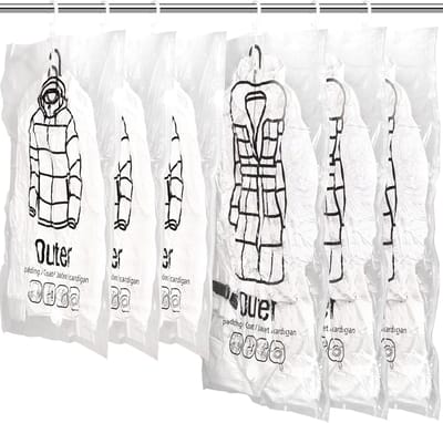 6 stuks hangende vacuümzakken voor kleding – 3 x 67 x 90 cm + 3 x 67 x 110 cm – extra dik PA+PE-materiaal, dubbele ritssluiting, 360° haak – ruimtebesparend