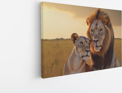 Saammp Canvas Schilderij - Leeuw en Leeuwin in serangeti - Dieren - Natuur - 45x30 - Foto op canvas - Wanddecoratie - Muurdecoratie Woonkamer - Slaapkamer decoratie - Canvas Print