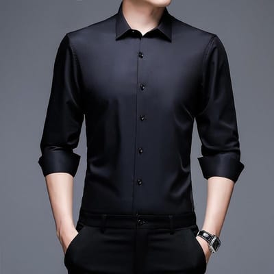 Lente en Herfst Heren Jong en Middelbaar Werk Zakelijk Lange Mouw Overhemden Casual Strijkvrij Effen Kleur Tops Dunne Heren Overhemden XXXXL black