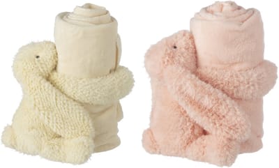 J-Line knuffelbeer Konijn + deken - polyester - roze/geel - set van 2