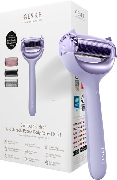 GESKE | SmartAppGuided™ MicroNeedle Face & Body Roller | 9 in 1 | rozenkwarts | Elektrische dermaroller | Microneedling | Microneedling-apparaat | Roller | Schoonheidsroller voor gezicht en lichaam