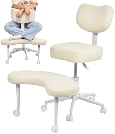 Emvae Bureaustoel - Meditatiestoel - ADHD Stoel - Kruisbeentjes Zitting - Rugsteun - In Hoogte Verstelbaar - Draaibaar - Leer - Wit