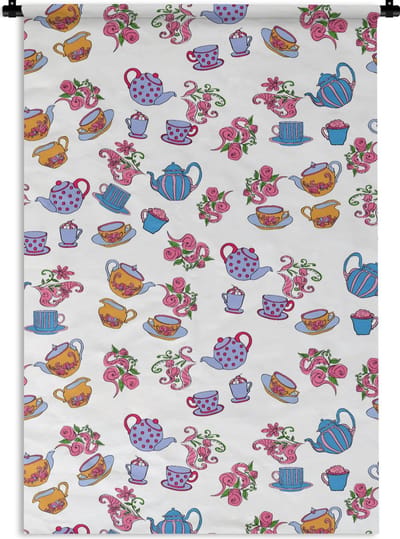 Wandkleed - Wanddoek - Patronen - Thee - Rozen - Theepot - 60x90 cm - Wandtapijt