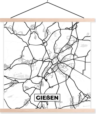 Posterhanger incl. Poster 40x40 cm - Schoolplaat - Gießen - Plattegrond - Kaart - Stadskaart - Textielposter - Blanke latten - Stadskaart