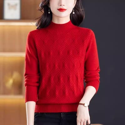 Pull épais à col semi-haut pour femme, coupe ample, tricot intérieur d'hiver 3XL rouge
