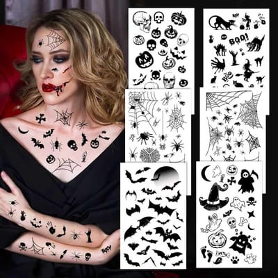 Halloween Tattoo Gezichtsstickers - 6 Vel met Grote Vleermuis, Spin en Vampier Tatoeages voor Kostuums van Volwassenen en Kinderen, Perfect voor Carnaval en Feestjes