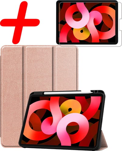 Hoesje Geschikt voor Apple iPad Air 5 (2022) - 10.9 inch - 5e Generatie - M1 - Met Screenprotector - Trifold Bookcase - Hard Cover Case - Met Uitsparing Geschikt voor Apple Pencil - Hardcover Book - Tablet Hoes - Rosé goud