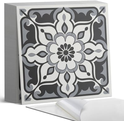 Coloray Plaktegels - Bloemenpatroon met ornamenten Zelfklevende Tegels - 20 cm x 20 cm - Zwart Plaktegels - 20 stuks - Vierkant PVC Tegels - Plaktegels Badkamer - Plaktegels Vloer - Vinyl Tegels Zelfklevend - Wandtegel Zelfklevend