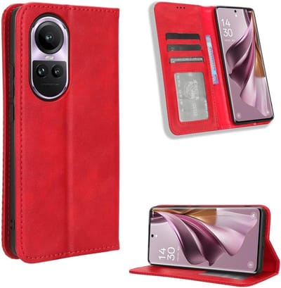 Geschikt voor Oppo Reno 10 / 10 Pro 5G - Standfunctie en kaartsleuven klaphoes - Magnetisch hoesje - Rood