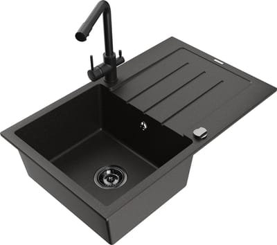 Mexen Bruno granieten spoelbak 1-komerig met afdruiprek en Duero keukenkraan, zwart/goud metallic - 6513-75-671600-70-B