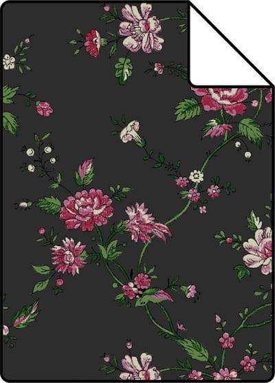 Proefstaal Origin Wallcoverings behang bloemetjes zwart en roze - 26,5 x 21 cm - 326127-S