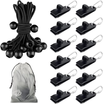 Dailygoods- Zeilbandclips 37 Stuks - Bevestigingsklemmen - Campingklem - Zware Tarp-klem - Achtertentklemmen - 12 Spanrubbers met Bal - 12 Karabijnhaken - Tarpclips