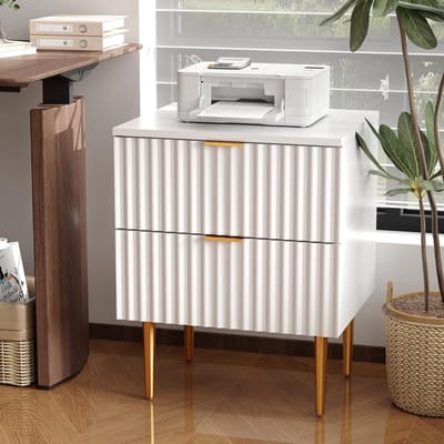 Modern Nachtkastje met USB Oplaadstation - Goud & Hout Design met 2 Laden - Stopcontact & USB Poorten - Nachtkastje voor Slaapkamer Woonkamer Kantoor - Wit