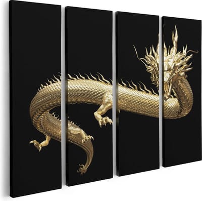 Artaza Canvas Schilderij Vierluik Gouden Draak - 80x60 - Foto Op Canvas - Canvas Print