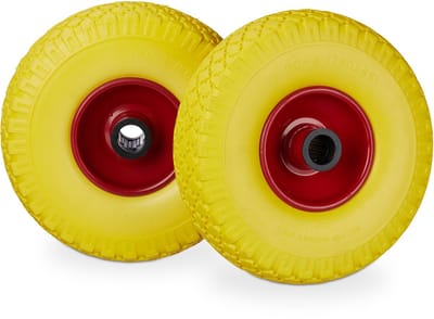 4x steekwagenwiel - set - stalen velg - rubber - anti lek - 25 mm as - geel