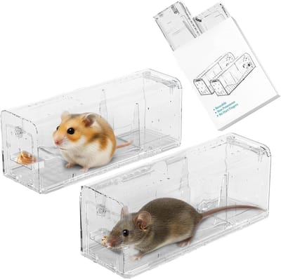 Famanu – Levende muizenval - 2 stuks - diervriendelijk zonder letsel - levende rattenval - gemakkelijk te reinigen en eenvoudig te gebruiken - herbruikbare ongedierteval (2 stuks - transparant)