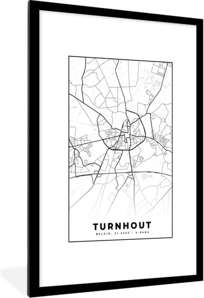 Fotolijst incl. Poster Zwart Wit- Stadskaart – Zwart Wit - Kaart – Turnhout – België – Plattegrond - 80x120 cm - Posterlijst