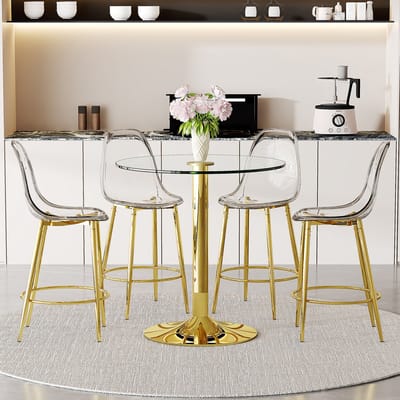 OKWISH Bartafelset 89 Cm - Ronde Glazen Tafel Met 4 Transparante Barkrukken - Voor Open Keuken Of Bar - Glas Metaal