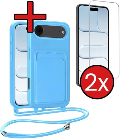 Hoesje Geschikt voor iPhone Air Hoesje Met Telefoonkoord en Pasjeshouder Met 2x Screenprotector Siliconen - Hoes Geschikt voor iPhone Air Hoesje Met Kaarthouder Case - Lichtblauw