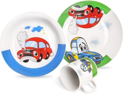 Kinderservies Porselein AUTO 3 delig - Serviesset - Servies Set - Bordenset - Borden - Kinderbestek - Kraamcadeau - voor Kinderen