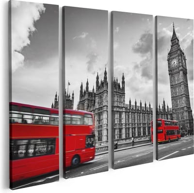 Artaza Canvas Schilderij Vierluik Rode Bussen in Londen - Retro - 80x60 - Foto Op Canvas - Canvas Print
