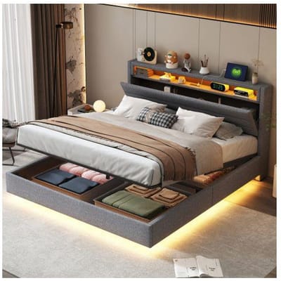 Lit rembourré - MUVOE - 160x200 cm - Prise USB - Lumières LED - Rangement hydraulique