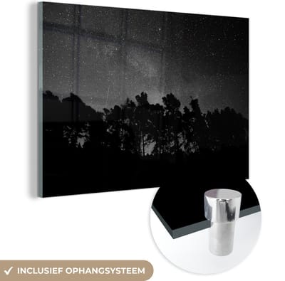 MuchoWow® Glasschilderij 150x100 cm - Schilderij acrylglas - Sterrenhemel - Bos - Hemel - Zwart - Bomen - Foto op glas - Schilderijen